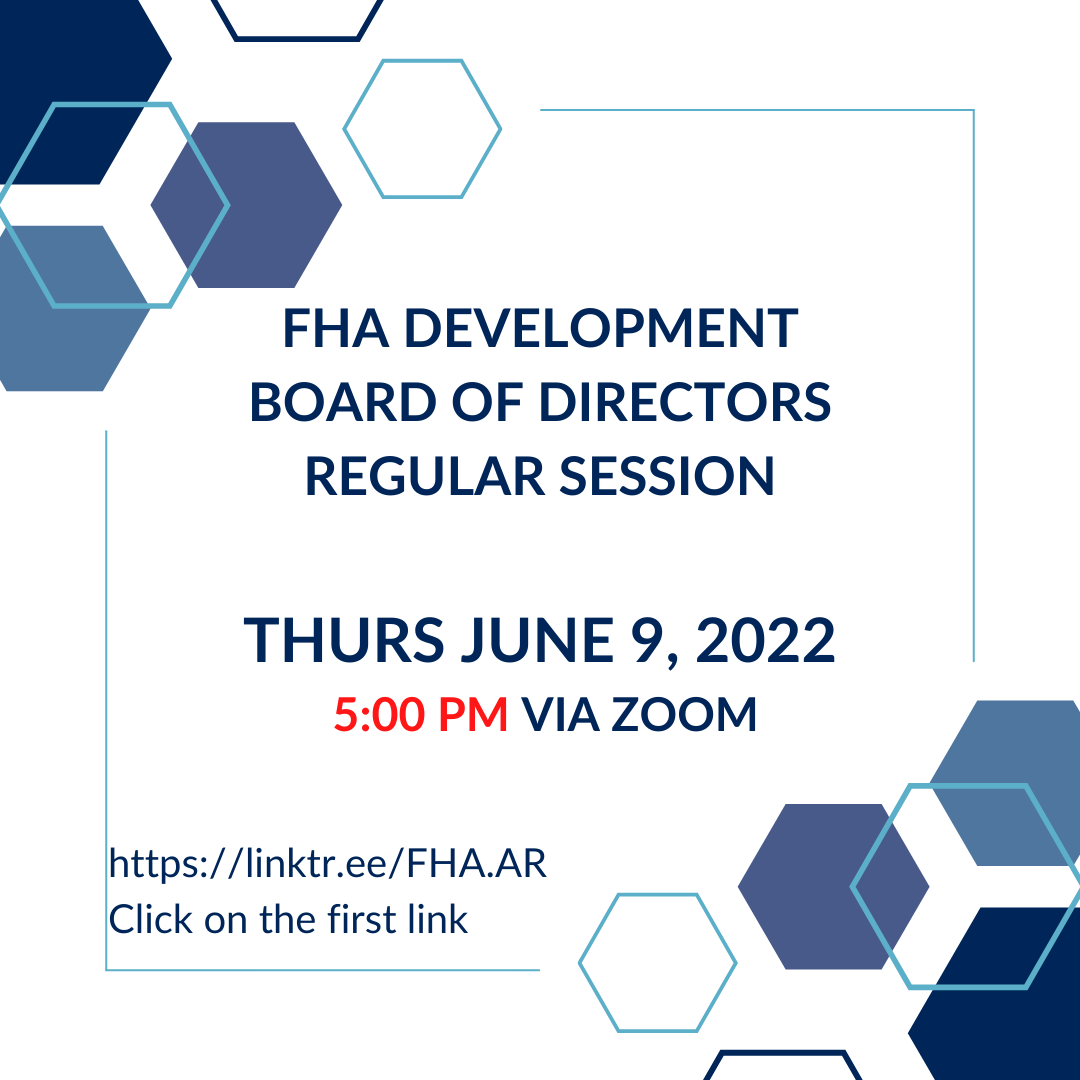 Light and dark blue hexagons frame the upper-left and lower-right corners of the meeting notice for FHA Development