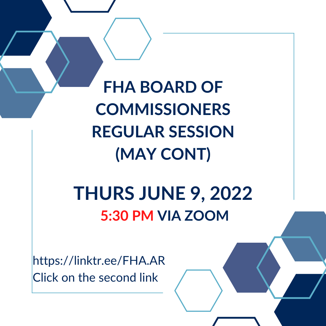Light and dark blue hexagons frame the upper-left and lower-right corners of the meeting notice for FHA